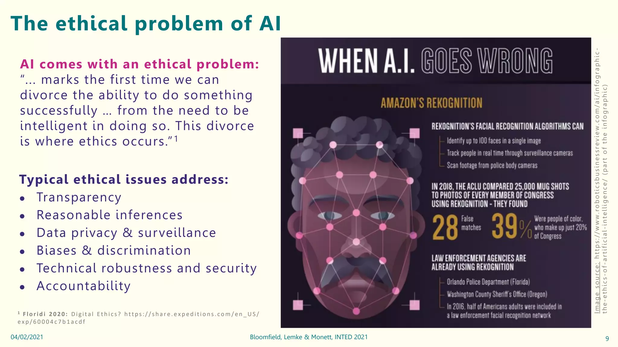 The ethical problem of AI
I
m
a
g
e
s
o
u
r
c
e
:
h
t
t
p
s
:
/
/
w
w
w
.
r
o
b
o
t
i
c
s
b
u
s
i
n
e
s
s
r
e
v
i
e
w
.
c
o
m
/
a
i
/
i
n
f
o
g
r
a
p
h
i
c
-
t
h
e
-
e
t
h
i
c
s
-
o
f
-
a
r
t
i
f
i
c
i
a
l
-
i
n
t
e
l
l
i
g
e
n
c
e
/
(
p
a
r
t
o
f
t
h
e
i
n
f
o
g
r
a
p
h
i
c
)
AI comes with an ethical problem:
“... marks the first time we can
divorce the ability to do something
successfully … from the need to be
intelligent in doing so. This divorce
is where ethics occurs.”1
1 Floridi 2020: Digital Ethics? https:// sha r e. e x p edi tio ns. co m / en _ U S /
exp /6 0 0 0 4 c 7 b 1a cd f
Typical ethical issues address:
● Transparency
● Reasonable inferences
● Data privacy & surveillance
● Biases & discrimination
● Technical robustness and security
● Accountability
9
Bloomfield, Lemke & Monett, INTED 2021
04/02/2021
 