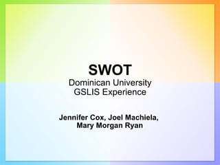 SWOT Dominican University GSLIS Experience Jennifer Cox, Joel Machiela,  Mary Morgan Ryan 