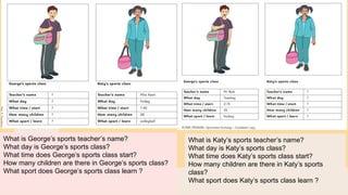 What is George’s sports teacher’s name?
What day is George’s sports class?
What time does George’s sports class start?
How many children are there in George’s sports class?
What sport does George’s sports class learn ?
What is Katy’s sports teacher’s name?
What day is Katy’s sports class?
What time does Katy’s sports class start?
How many children are there in Katy’s sports
class?
What sport does Katy’s sports class learn ?
 