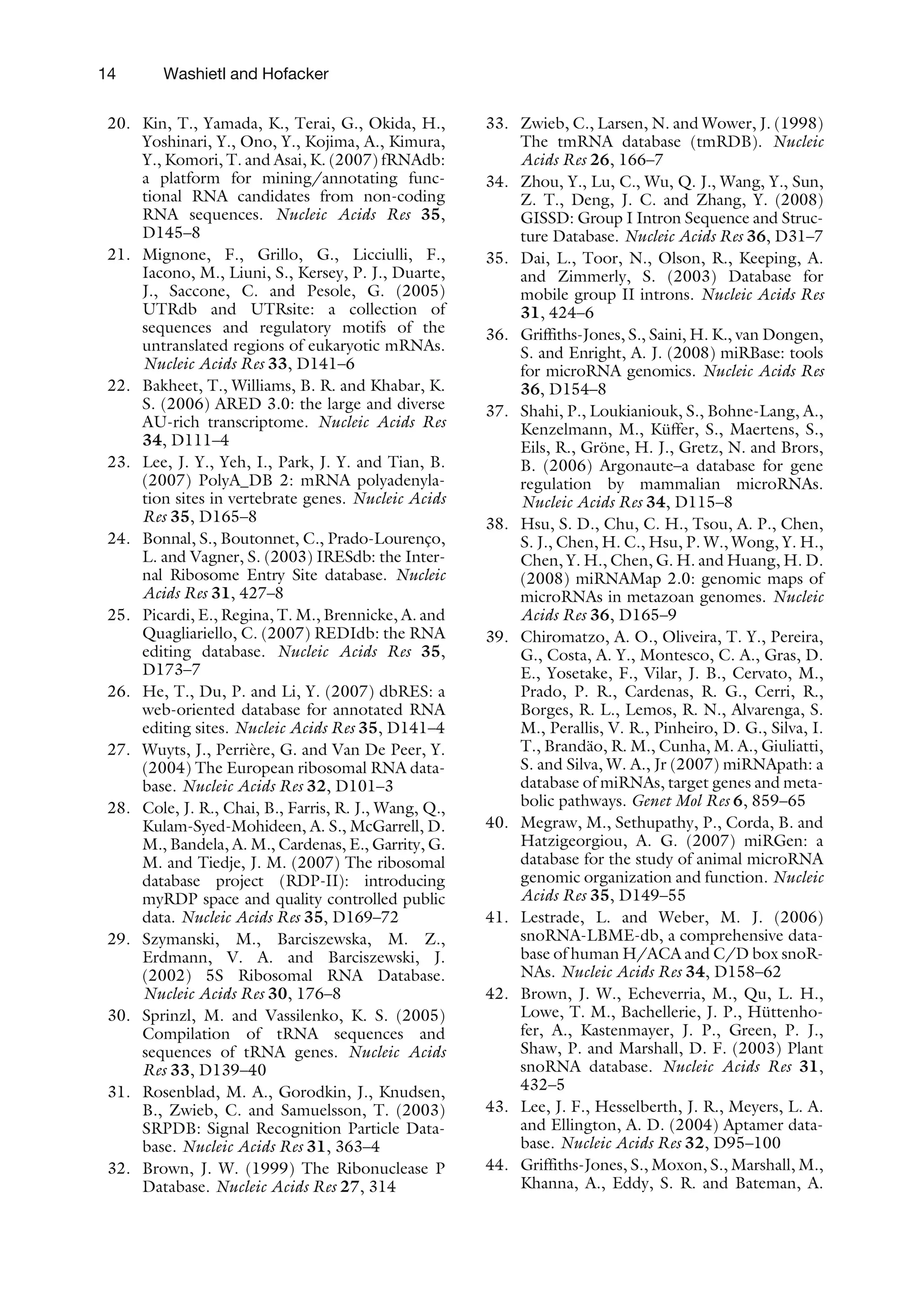20. Kin, T., Yamada, K., Terai, G., Okida, H.,
Yoshinari, Y., Ono, Y., Kojima, A., Kimura,
Y., Komori, T. and Asai, K. (2007) fRNAdb:
a platform for mining/annotating func-
tional RNA candidates from non-coding
RNA sequences. Nucleic Acids Res 35,
D145–8
21. Mignone, F., Grillo, G., Licciulli, F.,
Iacono, M., Liuni, S., Kersey, P. J., Duarte,
J., Saccone, C. and Pesole, G. (2005)
UTRdb and UTRsite: a collection of
sequences and regulatory motifs of the
untranslated regions of eukaryotic mRNAs.
Nucleic Acids Res 33, D141–6
22. Bakheet, T., Williams, B. R. and Khabar, K.
S. (2006) ARED 3.0: the large and diverse
AU-rich transcriptome. Nucleic Acids Res
34, D111–4
23. Lee, J. Y., Yeh, I., Park, J. Y. and Tian, B.
(2007) PolyA_DB 2: mRNA polyadenyla-
tion sites in vertebrate genes. Nucleic Acids
Res 35, D165–8
24. Bonnal, S., Boutonnet, C., Prado-Lourenço,
L. and Vagner, S. (2003) IRESdb: the Inter-
nal Ribosome Entry Site database. Nucleic
Acids Res 31, 427–8
25. Picardi, E., Regina, T. M., Brennicke, A. and
Quagliariello, C. (2007) REDIdb: the RNA
editing database. Nucleic Acids Res 35,
D173–7
26. He, T., Du, P. and Li, Y. (2007) dbRES: a
web-oriented database for annotated RNA
editing sites. Nucleic Acids Res 35, D141–4
27. Wuyts, J., Perrière, G. and Van De Peer, Y.
(2004) The European ribosomal RNA data-
base. Nucleic Acids Res 32, D101–3
28. Cole, J. R., Chai, B., Farris, R. J., Wang, Q.,
Kulam-Syed-Mohideen, A. S., McGarrell, D.
M., Bandela, A. M., Cardenas, E., Garrity, G.
M. and Tiedje, J. M. (2007) The ribosomal
database project (RDP-II): introducing
myRDP space and quality controlled public
data. Nucleic Acids Res 35, D169–72
29. Szymanski, M., Barciszewska, M. Z.,
Erdmann, V. A. and Barciszewski, J.
(2002) 5S Ribosomal RNA Database.
Nucleic Acids Res 30, 176–8
30. Sprinzl, M. and Vassilenko, K. S. (2005)
Compilation of tRNA sequences and
sequences of tRNA genes. Nucleic Acids
Res 33, D139–40
31. Rosenblad, M. A., Gorodkin, J., Knudsen,
B., Zwieb, C. and Samuelsson, T. (2003)
SRPDB: Signal Recognition Particle Data-
base. Nucleic Acids Res 31, 363–4
32. Brown, J. W. (1999) The Ribonuclease P
Database. Nucleic Acids Res 27, 314
33. Zwieb, C., Larsen, N. and Wower, J. (1998)
The tmRNA database (tmRDB). Nucleic
Acids Res 26, 166–7
34. Zhou, Y., Lu, C., Wu, Q. J., Wang, Y., Sun,
Z. T., Deng, J. C. and Zhang, Y. (2008)
GISSD: Group I Intron Sequence and Struc-
ture Database. Nucleic Acids Res 36, D31–7
35. Dai, L., Toor, N., Olson, R., Keeping, A.
and Zimmerly, S. (2003) Database for
mobile group II introns. Nucleic Acids Res
31, 424–6
36. Griffiths-Jones, S., Saini, H. K., van Dongen,
S. and Enright, A. J. (2008) miRBase: tools
for microRNA genomics. Nucleic Acids Res
36, D154–8
37. Shahi, P., Loukianiouk, S., Bohne-Lang, A.,
Kenzelmann, M., Küffer, S., Maertens, S.,
Eils, R., Gröne, H. J., Gretz, N. and Brors,
B. (2006) Argonaute–a database for gene
regulation by mammalian microRNAs.
Nucleic Acids Res 34, D115–8
38. Hsu, S. D., Chu, C. H., Tsou, A. P., Chen,
S. J., Chen, H. C., Hsu, P. W., Wong, Y. H.,
Chen, Y. H., Chen, G. H. and Huang, H. D.
(2008) miRNAMap 2.0: genomic maps of
microRNAs in metazoan genomes. Nucleic
Acids Res 36, D165–9
39. Chiromatzo, A. O., Oliveira, T. Y., Pereira,
G., Costa, A. Y., Montesco, C. A., Gras, D.
E., Yosetake, F., Vilar, J. B., Cervato, M.,
Prado, P. R., Cardenas, R. G., Cerri, R.,
Borges, R. L., Lemos, R. N., Alvarenga, S.
M., Perallis, V. R., Pinheiro, D. G., Silva, I.
T., Brandäo, R. M., Cunha, M. A., Giuliatti,
S. and Silva, W. A., Jr (2007) miRNApath: a
database of miRNAs, target genes and meta-
bolic pathways. Genet Mol Res 6, 859–65
40. Megraw, M., Sethupathy, P., Corda, B. and
Hatzigeorgiou, A. G. (2007) miRGen: a
database for the study of animal microRNA
genomic organization and function. Nucleic
Acids Res 35, D149–55
41. Lestrade, L. and Weber, M. J. (2006)
snoRNA-LBME-db, a comprehensive data-
base of human H/ACA and C/D box snoR-
NAs. Nucleic Acids Res 34, D158–62
42. Brown, J. W., Echeverria, M., Qu, L. H.,
Lowe, T. M., Bachellerie, J. P., Hüttenho-
fer, A., Kastenmayer, J. P., Green, P. J.,
Shaw, P. and Marshall, D. F. (2003) Plant
snoRNA database. Nucleic Acids Res 31,
432–5
43. Lee, J. F., Hesselberth, J. R., Meyers, L. A.
and Ellington, A. D. (2004) Aptamer data-
base. Nucleic Acids Res 32, D95–100
44. Griffiths-Jones, S., Moxon, S., Marshall, M.,
Khanna, A., Eddy, S. R. and Bateman, A.
14 Washietl and Hofacker
 