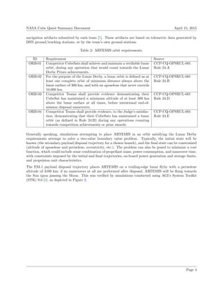 NASA Cube Quest Summary Document April 15, 2015
navigation artifacts submitted by each team [5]. These artifacts are based on telemetric data generated by
DSN ground/tracking stations, or by the team’s own ground stations.
Table 2: ARTEMIS orbit requirements.
ID Requirement Source
ORB-01 Competitor CubeSats shall achieve and maintain a veriﬁable lunar
orbit, during any operation that would count towards the Lunar
Derby Prizes achievements.
CCP-CQ-OPSRUL-001
Rule 24.A
ORB-02 For the purpose of the Lunar Derby, a lunar orbit is deﬁned as at
least one complete orbit of minimum distance always above the
lunar surface of 300 km, and with an aposelene that never exceeds
10,000 km.
CCP-CQ-OPSRUL-001
Rule 24.B
ORB-03 Competitor Teams shall provide evidence demonstrating their
CubeSat has maintained a minimum altitude of at least 300 km
above the lunar surface at all times, before intentional end-of-
mission disposal maneuvers.
CCP-CQ-OPSRUL-001
Rule 24.D
ORB-04 Competitor Teams shall provide evidence, to the Judge’s satisfac-
tion, demonstrating that their CubeSats has maintained a lunar
orbit (as deﬁned in Rule 24.B) during any operations counting
towards competition achievements or prize awards.
CCP-CQ-OPSRUL-001
Rule 24.E
Generally speaking, simulations attempting to place ARTEMIS in an orbit satisfying the Lunar Derby
requirements attempt to solve a two-value boundary value problem. Typically, the initial state will be
known (the secondary payload disposal trajectory for a chosen launch), and the ﬁnal state can be constrained
(altitude of aposelene and periselene, eccentricity, etc.). The problem can also be posed to minimize a cost
function, which could include some combination of propellant mass, power consumption, and maneuver time,
with constraints imposed by the initial and ﬁnal trajectories, on-board power generation and storage limits,
and propulsion unit characteristics.
The EM-1 payload disposal trajectory places ARTEMIS on a trailing-edge lunar ﬂyby with a periselene
altitude of 3100 km; if no maneuvers at all are performed after disposal, ARTEMIS will be ﬂung towards
the Sun upon passing the Moon. This was veriﬁed by simulations conducted using AGI’s System Toolkit
(STK) 9.0 [6], as depicted in Figure 2.
Page 4
 