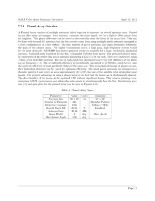 NASA Cube Quest Summary Document April 15, 2015
7.2.1 Phased Array Overview
A Phased Array consists of multiple antennas linked together to increase the overall aperture area. Phased
arrays oﬀer many advantages. Each antenna transmits the same signal, but at a slightly oﬀset phase from
its neighbor. This phase diﬀerence can be used to electronically steer the focus of the main lobe. This can
be done with normal RF antennas but the best results come from using multiple patch antennas arranged in
a close conﬁguration on a ﬂat surface. The size, number of patch antennas, and signal frequency determine
the gain of the phased array. For higher transmission rates; a high gain, high frequency system would
be the most desirable. ARTEMIS has limited physical resources available for a large, deployable, gimballed
antenna. A phased array is perfect for the ﬂat, rectangular CubeSat form factor. Our proposed phased array
is constructed of 243 wafer-thin patch antennas measuring 1.435 x 1.176 cm each. They are constructed using
Teﬂon, a low dielectric material. The size of each patch was optimized to give the best eﬃciency at the given
carrier frequency [12]. The overall path eﬃciency is theoretically calculated to be 80.85%, much better than
the aperture eﬃciency of most parabolic dishes of the same size. This is marked advantage of phased arrays,
their individual elements can be tuned for optimum eﬃciency. The small patch antennas are arranged in a
rhombic pattern 6 and cover an area approximately 3U x 6U, the size of the satellite with deployable solar
panels. The greatest advantage in using a phased array is the fact that the beam can be electronically steered.
The directionality of the beam can be squinted ±30° without signiﬁcant losses. This reduces pointing error,
minimizes ADCS requirements, and allows the solar panels to simultaneously face the Sun. Simulations were
run [13] and gain plots for the phased array can be seen in Figures 6-10.
Table 4: Phased Array Specs
Parameter Value Units Comment
Antenna Size 60 x 30 cm 3U x 6U
Number of Elements 243 Rhombic Pattern
Dielectric Constant 2.03 Teﬂon (PTFE)
Overall Patch Eﬀ. 80.85 % Excellent
Antenna Gain 30.46 dBi
Beam Width 3 deg. Slice phi=0
Max Squint Angle ±30 deg.
Page 11
 