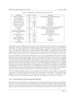NASA Cube Quest Summary Document April 15, 2015
Table 6: Link Budget: Peach Mountain Ground Station
Parameter Value Unit Comment
Receiver Diameter 26 m Peach Mountain Radio Observatory
Receiver Gain 65.73 dBi Calculated
Aperture Eﬃciency 0.7 Estimated
Transmitter Gain 30.46 dBi Calculated
System Noise Temp 23 dB-K Estimated
Transmitter Line Loss 0.5 dB From SMAD [17]
Receiver Line loss 0.5 dB Estimate
Required Eb
No
1.89 dB Rate 2/3 QPSK Turbo coding; From SMAD [18]
BER 10e−10 Bit Error Rate; From SMAD [18]
Transmitter Bus Power 40 W Orbital Average
Power Ampliﬁer Eﬃciency 30 % From SMAD [18]
Losses 10 dB From SMAD [18]
Free Space Path Loss -222.3 dB At Average Earth Moon Distance
Data Rate 30 Mbps Target
Spectral Eﬃciency 1.32
Required Bandwidth 23 Mhz Calculated
SNR 4.1 dB Calculated
Link Margin 2.21 dB
Link analysis of the two diﬀerent ground stations provides interesting insight into potential communication
architecture. The large 70m dish has very high gain and a low system noise resulting in a very good SNR of
19.01. This gives a link margin of 14.61, which is suﬃcient highly to account for unexpected losses, pointing
errors, and component ineﬃciencies. The Peach Mountain Dish (PMD) is a respectably large dish with
suﬃcient gain for lunar missions. The receivers will not be as advanced as the DSN’s so more system noise
will be present in the signal. This can be mitigated by cooling the receivers, but is unlikely to be necessary.
One of the biggest factors determining downlink data rates is the required SNR and transmission encoding.
Readable bits can be sent at lower signal energies by using advanced forward encoding schemes. Common
encoding methods include BPSK, QPSK, and newer convulsion turbo codes. For example, using QPSK
with a 1/4 code rate the required SNR is only 0.75 dB [19]. However, this comes at the expense of reduced
spectral eﬃciency of only 0.49 bps/Hz. RF bandwidth is a limited and tightly controlled resource. Therefore,
eﬃcient use of the allocated bandwidth is essential. For the Peach Mountain link budget, we chose a QPSK
rate 2/3 turbo code which makes eﬃcient use of bandwidth at a low SNR. For a bandwidth of only 23 MHz,
ARTEMIS would be able to downlink at a rate of 30 Mbps and a SNR of 4.1 dB. This data rate is exceptional
for a CubeSat and would be fast enough to stream Hi-Def video from lunar orbit. While the link margin is
small, the mission parameters and environment can be tightly controlled to optimize data rates.
One of the biggest ineﬃciency factors in the link budget is the solid-state power ampliﬁer. It draws 40 W
of bus power, but at 30% eﬃciency only provides 12 W of RF power to the antenna. Traveling Wave Tube
Ampliﬁers can exceed 60% eﬃciency but are bulky and too massive to be ﬂown on a CubeSat. Ideally,
technology maturation will increase component eﬃciency and help push low-power data rates higher.
7.2.3 Ground Station and Communication Window
The Deep Space Network (DSN) is a world-wide network of advanced antennas and communication facilities.
There are a total of three sites located in California, Spain, and Australia. Each site is spaced approximately
120° apart to provide uninterrupted contact with deep space missions. The facilities oﬀer exceptional tech-
nology in signal processing, radar telemetry and supporting space missions. The large 70 m dish has very
Page 16
 