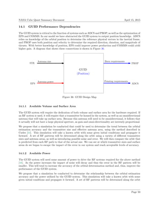 NASA Cube Quest Summary Document April 15, 2015
14.1 GUID Performance Dependencies
The GUID system is critical to the function of systems such as ADCS and PROP, as well as the optimization of
EPS and COMMS. In our model we have abstracted the GUID system to output position knowledge. ADCS
relies on knowledge of the orbital position to determine the reference physical vectors in the inertial frame,
and PROP uses both position and velocity to determine the required direction, duration, and magnitude of
thrusts. With better knowledge of position, EPS could improve power production and COMMS could yield
higher gain. A diagram that shows these connections is shown in Figure 36.
GUID
STR
(Position)
EPS
PROP
ADCS
Antenna size
Antenna power
Burn requirements
Pointing requirements
Figure 36: GUID Design Map
14.1.1 Available Volume and Surface Area
The GUID system will require the dedication of both volume and surface area for the hardware required. If
an RF system is used, it will require that a transmitter be housed in the system, as well as an omnidirectional
antenna that will take up surface area. Because this antenna will need to be omnidirectional, it follows that
it actually will not have a large physical aperture, as gain and omni-directionality are inversely proportional.
We propose that a simulation be conducted that could be used to determine the trend between the orbital
estimation accuracy and the transmitter size and eﬀective antenna area, using the method described in
Cutler [44]. This simulation will take a known orbit with some given initial conditions and propagate it
forward. A set of RF patterns will be determined along the orbit using a variety of diﬀerent transmitter
sizes and antenna areas, as well as introducing possible noise and error. We will then compare the orbit that
is predicted from each RF path to that of the actual one. We can see at which transmitter sizes and surface
areas do we began to escape the impact of the error in our system and reach acceptable levels of accuracy.
14.1.2 Available Power
The GUID system will need some amount of power to drive the RF systems required for the above method
[44]. As the power increases the impact of noise will decay and thus the error in the RF pattern will be
smaller. This will tend to increase the accuracy of the orbital determination method and, thus, improve the
performance of the GUID system.
We propose that a simulation be conducted to determine the relationship between the orbital estimation
accuracy and the power utilized by the GUID system. This simulation will take a known orbit with some
given initial conditions and propagate it forward. A set of RF patterns will be determined along the orbit
Page 50
 