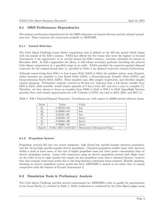 NASA Cube Quest Summary Document April 15, 2015
6.1 ORB Performance Dependencies
The primary performance dependencies for the ORB subsystem are launch selection and the onboard propul-
sion unit. These constrain the trajectories available to ARTEMIS.
6.1.1 Launch Selection
The Cube Quest Challenge Lunar Derby competition time is deﬁned as the 365 day period which begins
with the launch of the EM-1 mission. NASA has oﬀered the ﬁve teams who score the highest in Ground
Tournament 4 the opportunity to be carried aboard the EM-1 mission, currently scheduled for launch in
December 2018. As EM-1 approaches the Moon, it will release secondary payloads (including the selected
Cube Quest competitors) at a speciﬁed range in its orbit. NASA provided the expected payload disposal
trajectory for the original launch date [1], speciﬁed in Table 1; an updated trajectory remains forthcoming.
Although maneuvering from EM-1 to Low Lunar Orbit (LLO) is likely the quickest option, more frequent,
earlier launches are available to Low Earth Orbit (LEO), a Geosynchronous Transfer Orbit (GTO), and
Geosynchronous Earth Orbit (GEO). These launches may oﬀer simpler trajectories, and therefore simpler
mission planning. Preliminary analysis, covered in Section 6.2, indicates that a low-thrust transfer from
LEO to LLO, while possible, would require upwards of 7 km/s total ∆V and over a year to complete [2].
Therefore, we have chosen to focus on transfers from GEO to LLO or EM-1 to LLO. Spaceﬂight Services
provides three such launch opportunities for a 6U Cubesat to GTO, one each in 2015, 2016, and 2017 [3].
Table 1: EM-1 Payload Disposal Trajectory. Coordinates are with respect to J2000 inertial reference frame.
State Value Units
Rx -1.5015e+04 km
Ry -2.3569e+04 km
Rz 2.2415e+03 km
Vx -4.8554e−01 km/s
Vy -5.0488e+00 km/s
Vz -8.7999e−01 km/s
Epoch 15 Dec 2017 14:56:42.2 Barycentric Dynamical Time
6.1.2 Propulsion System
Propulsion systems fall into two broad categories: high thrust/low speciﬁc-impulse chemical propulsion,
and low thrust/high speciﬁc-impulse electric propulsion. Chemical propulsion enables lunar orbit insertion
within a week in most cases, at the cost of higher propellant mass but lower power consumption than an
electric propulsion system. Lunar orbit maneuvers using an electric propulsion systems have ﬂight times
on the order of six to eight months but require far less propellant mass than a chemical thruster, however
they also consume much more power due to the long-duration continuous burns required. Broadly speaking,
choosing an electric propulsion system would also force ARTEMIS to launch at an earlier date to remain
competitive with the winners of Ground Tournament 4.
6.2 Simulation Tools & Preliminary Analysis
The Cube Quest Challenge speciﬁes several requirements for ARTEMIS’s orbit to qualify for participation
in the Lunar Derby [4], outlined in Table 2. Orbit veriﬁcation is conducted by the Cube Quest judges using
Page 3
 