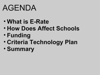 AGENDA What is E-Rate How Does Affect Schools Funding Criteria Technology Plan Summary 