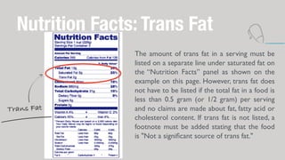 Nutrition Facts: Trans Fat
Trans Fat
The amount of trans fat in a serving must be
listed on a separate line under saturate...