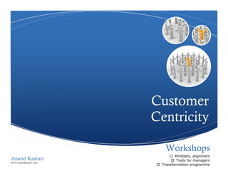 Customer
Centricity
www.anandkasturi.com
Anand Kasturi
Workshops
 Mindsets, alignment
 Tools for managers
 Transformation programme
 