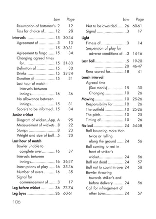 Law       Page                                 Law       Page
   Resumption of batsman's 2                12       Not to be awarded.......26 60-61
   Toss for choice of..........12           28       Signal ...........................3 17
Intervals ..........................15    30-34   Light
   Agreement of .................3           13      Fitness of .......................3 14
   Agreement of ...............15         30-31      Suspension of play for
   Agreement to forgo.......15               34        adverse conditions of ...3 14-16
   Changing agreed times
                                                  Lost Ball.............................5 19-20
     for ............................15   31-33
                                                  Lost Ball ...........................20 46-47
   Definition of .................15         30
                                                     Runs scored for.............18          41
   Drinks..........................15     33-34
   Duration of ..................15          31   Lunch interval
   Last hour of match -                              Agreed time
     intervals between                                (See meals) ...............15        30
     innings......................16        36        Changing..................10         26
   No allowance between                           Mowing...........................10 25-26
     innings......................15        31      Responsibility for ..........10      26
   Scorers to be informed ..15              34      The outfield ..................10 25-26
Junior cricket                                      The pitch......................10    25
   Diagram of wicket ..App. A               95      Timing of .....................10    26
   Measurement of wickets ..8               22    No ball............................24 54-58
   Stumps ..........................8       23      Ball bouncing more than
   Weight and size of ball ...5             20        twice or rolling
Last hour of match                                    along the ground .......24           56
   Bowler unable to                                 Ball coming to rest in
     complete over ............16       37            front of striker's
   Intervals between                                  wicket.......................24      56
     innings......................16 36-37          Ball not dead ...............24        57
   Interruptions of play ......16 35-36             Ball not to count in over 24           58
   Number of overs ..........16         35          Bowler throwing
   Signal for                                         towards striker's end
     commencement of ........3          17            before delivery ..........24         56
Leg before wicket .............36 73-74             Call for infringement of
Leg byes ..........................26 60-61           other Laws.................24        57

106
 
