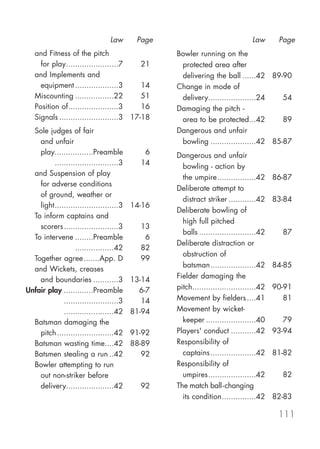 Law      Page                                Law       Page
   and Fitness of the pitch                      Bowler running on the
     for play.......................7     21      protected area after
   and Implements and                             delivering the ball ......42 89-90
     equipment ...................3       14     Change in mode of
   Miscounting .................22        51      delivery.....................24   54
   Position of......................3     16     Damaging the pitch -
   Signals ..........................3 17-18      area to be protected...42         89
  Sole judges of fair                            Dangerous and unfair
    and unfair                                    bowling ....................42 85-87
    play.................Preamble           6    Dangerous and unfair
         ............................3     14      bowling - action by
  and Suspension of play
                                                   the umpire.................42       86-87
    for adverse conditions
                                                 Deliberate attempt to
    of ground, weather or
                                                   distract striker ............42     83-84
    light............................3   14-16
                                                 Deliberate bowling of
  To inform captains and
                                                   high full pitched
    scorers ........................3      13
                                                   balls .........................42     87
  To intervene ........Preamble             6
                                                 Deliberate distraction or
  To intervene .................42         82
                                                   obstruction of
  Together agree.......App. D              99
                                                   batsman....................42       84-85
  and Wickets, creases
    and boundaries ...........3          13-14   Fielder damaging the
Unfair play .............Preamble          6-7   pitch............................42   90-91
Unfair play ........................3       14   Movement by fielders ....41              81
Unfair play ......................42     81-94   Movement by wicket-
  Batsman damaging the                             keeper ......................40        79
    pitch .........................42    91-92   Players' conduct ...........42        93-94
  Batsman wasting time....42             88-89   Responsibility of
  Batsmen stealing a run ..42               92     captains ....................42     81-82
  Bowler attempting to run                       Responsibility of
    out non-striker before                         umpires.....................42        82
    delivery.....................42        92    The match ball- changing
                                                   its condition...............42      82-83

                                                                                        111
 