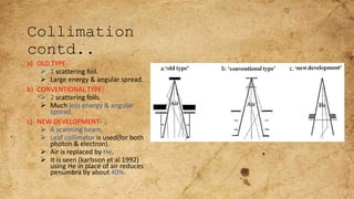 Collimation
contd..
a) OLD TYPE-
 1 scattering foil.
 Large energy & angular spread.
b) CONVENTIONAL TYPE-
 2 scattering foils.
 Much less energy & angular
spread.
c) NEW DEVELOPMENT-
 A scanning beam.
 Leaf collimator is used(for both
photon & electron).
 Air is replaced by He.
 It is seen (karlsson et al 1992)
using He in place of air reduces
penumbra by about 40%.
a. b. c.
 