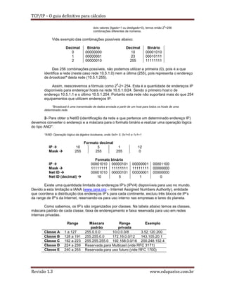 TCP/IP – O guia definitivo para cálculos
dois valores (ligado=1 ou desligado=0), temos então 28=256
combinações diferentes de números.

Vide exemplo das combinações possíveis abaixo:
Decimal
0
1
2

Binário
00000000
00000001
00000010

Decimal
10
23
255

Binário
00001010
00010111
11111111

Das 256 combinações possíveis, não podemos utilizar a primeira (0), pois é a que
identifica a rede (neste caso rede 10.5.1.0) nem a última (255), pois representa o endereço
de broadcast* desta rede (10.5.1.255).
8

Assim, reescrevemos a fórmula como 2 -2= 254. Esta é a quantidade de endereços IP
disponíveis para endereçar hosts na rede 10.5.1.0/24. Sendo o primeiro host o de
endereço 10.5.1.1 e o último 10.5.1.254. Portanto esta rede não suportará mais do que 254
equipamentos que utilizem endereços IP.
*Broadcast é uma transmissão de dados enviada a partir de um host para todos os hosts de uma
determinada rede.

2- Para obter o NetID (identificação da rede a que pertence um determinado endereço IP)
devemos converter o endereço e a máscara para o formato binário e realizar uma operação lógica
do tipo AND*:
*AND: Operação lógica da álgebra booleana, onde 0x0= 0, 0x1=0 e 1x1=1

IP
Mask

10
255

IP
Mask
Net ID
Net ID (decimal)

Formato decimal
5
1
255
255
Formato binário
00001010 00000101
11111111 11111111
00001010 00000101
10
5

12
0

00000001
11111111
00000001
1

00001100
00000000
00000000
0

Existe uma quantidade limitada de endereços IP’s (IPV4) disponíveis para uso no mundo.
Devido a esta limitação a IANA (www.iana.org – Internet Assigned Numbers Authority), entidade
que coordena a distribuição dos endereços IP’s para cada continente, excluiu três blocos de IP’s
da range de IP’s da Internet, reservando-os para uso interno nas empresas e lares do planeta.
Como sabemos, os IP’s são organizados por classes. Na tabela abaixo temos as classes,
máscara padrão de cada classe, faixa de endereçamento e faixa reservada para uso em redes
internas privadas.
Range
Classe A
Classe B
Classe C
Classe D
Classe E

Revisão 1.3

1 a 127
128 a 191
192 a 223
224 a 239
240 a 255

Máscara
Range
Exemplo
padrão
privada
255.0.0.0
10.0.0.0/8
3.52.120.200
255.255.0.0
172.16.0.0/12
143.105.20.1
255.255.255.0 192.168.0.0/16 200.248.152.4
Reservada para Multicast (vide RFC 3171)
Reservada para uso futuro (vide RFC 1700)

www.eduparise.com.br

 