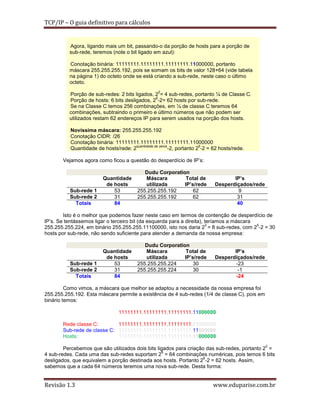 TCP/IP – O guia definitivo para cálculos

Agora, ligando mais um bit, passando-o da porção de hosts para a porção de
sub-rede, teremos (note o bit ligado em azul):
Conotação binária: 11111111.11111111.11111111.11000000, portanto
máscara 255.255.255.192, pois se somam os bits de valor 128+64 (vide tabela
na página 1) do octeto onde se está criando a sub-rede, neste caso o último
octeto.
2

Porção de sub-redes: 2 bits ligados, 2 = 4 sub-redes, portanto ¼ de Classe C.
6
Porção de hosts: 6 bits desligados, 2 -2= 62 hosts por sub-rede.
Se na Classe C temos 256 combinações, em ¼ de classe C teremos 64
combinações, subtraindo o primeiro e último números que não podem ser
utilizados restam 62 endereços IP para serem usados na porção dos hosts.
Novíssima máscara: 255.255.255.192
Conotação CIDR: /26
Conotação binária: 11111111.11111111.11111111.11000000
quantidade de zeros
6
Quantidade de hosts/rede: 2
-2, portanto 2 -2 = 62 hosts/rede.
Vejamos agora como ficou a questão do desperdício de IP’s:

Sub-rede 1
Sub-rede 2
Totais

Quantidade
de hosts
53
31
84

Dudu Corporation
Máscara
Total de
utilizada
IP’s/rede
255.255.255.192
62
255.255.255.192
62

IP’s
Desperdiçados/rede
9
31
40

Isto é o melhor que podemos fazer neste caso em termos de contenção de desperdício de
IP’s. Se tentássemos ligar o terceiro bit (da esquerda para a direita), teríamos a máscara
3
5
255.255.255.224, em binário 255.255.255.11100000, isto nos daria 2 = 8 sub-redes, com 2 -2 = 30
hosts por sub-rede, não sendo suficiente para atender a demanda da nossa empresa:

Sub-rede 1
Sub-rede 2
Totais

Quantidade
de hosts
53
31
84

Dudu Corporation
Máscara
Total de
utilizada
IP’s/rede
255.255.255.224
30
255.255.255.224
30

IP’s
Desperdiçados/rede
-23
-1
-24

Como vimos, a máscara que melhor se adaptou a necessidade da nossa empresa foi
255.255.255.192. Esta máscara permite a existência de 4 sub-redes (1/4 de classe C), pois em
binário temos:
11111111.11111111.11111111.11000000
Rede classe C:
11111111.11111111.11111111.11000000
Sub-rede de classe C: 11111111.11111111.11111111.11000000
Hosts:
11111111.11111111.11111111.11000000
2

Percebemos que são utilizados dois bits ligados para criação das sub-redes, portanto 2 =
6
4 sub-redes. Cada uma das sub-redes suportam 2 = 64 combinações numéricas, pois temos 6 bits
6
desligados, que equivalem a porção destinada aos hosts. Portanto 2 -2 = 62 hosts. Assim,
sabemos que a cada 64 números teremos uma nova sub-rede. Desta forma:

Revisão 1.3

www.eduparise.com.br

 