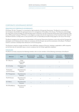 CORPORATE GOVERNANCE REPORT
PRINCIPLES OF CORPORATE GOVERNANCE
ITM Power Plc (the “Company”) is committed to high standards of Corporate Governance. The Board is accountable to
the Company’s shareholders for good governance in its management of the affairs of the Group. The Directors acknowledge
the importance of the principles of corporate governance contained in the UK Corporate Governance Code Combined Code.
As an AIM quoted Company, ITM Power is not obliged to comply with the full requirements of the Combined Code. However
the Board intends to comply with its main provisions as far as reasonably practicable having regard to the size of the Group.
The Board recognises the importance to shareholders of Corporate Governance disclosure, and to this end the Company has
developed a set of disclosures that it feels are consistent with the Group’s size and the constitution of the Board. The Board
intend to continue to develop these disclosures as the Group grows.
The Directors intend to comply with Rule 21 of the AIM Rules relating to Directors’ dealings as applicable to AIM companies
and will also take all reasonable steps to ensure compliance by the Group’s applicable employees.
THE BOARD
The Board currently comprises the following members who are also members of the following committees of the Board:
Director Role
Remuneration
Committee
Audit
Committee
Nominations
Committee
Executive
Committee
Manufacturing
& Engineering
Committee
Dr S Bourne Chief
Technology
Officer
• •
Dr G Cooley Chief Executive
Officer
• •
The Rt Hon
Lord R Freeman
Non-Executive
Director
• •
Mr P Hargreaves Non-Executive
Director
• • •
Prof R Putnam Non-Executive
Chairman
• • • •
Sir R Bone Non-Executive
Director
• •
Mr R Pendlebury Non-Executive
Director
• •
54
REPORT AND FINANCIAL STATEMENTS
CORPORATE GOVERNANCE REPORT
 