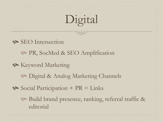 Digital
 SEO Intersection
 PR, SocMed & SEO Amplification
 Keyword Marketing
 Digital & Analog Marketing Channels
 So...