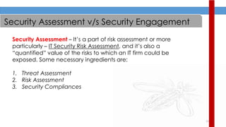 13
Security Assessment v/s Security Engagement
Security Assessment – It’s a part of risk assessment or more
particularly – IT Security Risk Assessment, and it’s also a
“quantified” value of the risks to which an IT firm could be
exposed. Some necessary ingredients are:
1. Threat Assessment
2. Risk Assessment
3. Security Compliances
 