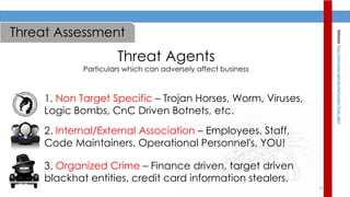 15
Threat Assessment
Threat Agents
Particulars which can adversely affect business
1. Non Target Specific – Trojan Horses, Worm, Viruses,
Logic Bombs, CnC Driven Botnets, etc.
2. Internal/External Association – Employees, Staff,
Code Maintainers, Operational Personnel's, YOU!
3. Organized Crime – Finance driven, target driven
blackhat entities, credit card information stealers.
Reference:https://www.owasp.org/index.php/Category:Threat_Agent
 
