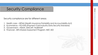 27
Security Compliance
Security compliance are for different areas:
1. Health care – HIPAA (Health Insurance Portability and Accountability Act)
2. Ecommerce – PCI-DSS (Payment Card Industry Data Security Standard)
3. Government – FISMA, DIACAP, FedRAMP
4. Financial – BITS Shared Assessment Program, NIST, ISO
Reference:https://cloudsecurityalliance.org/download/cloud-controls-matrix-v3/
 
