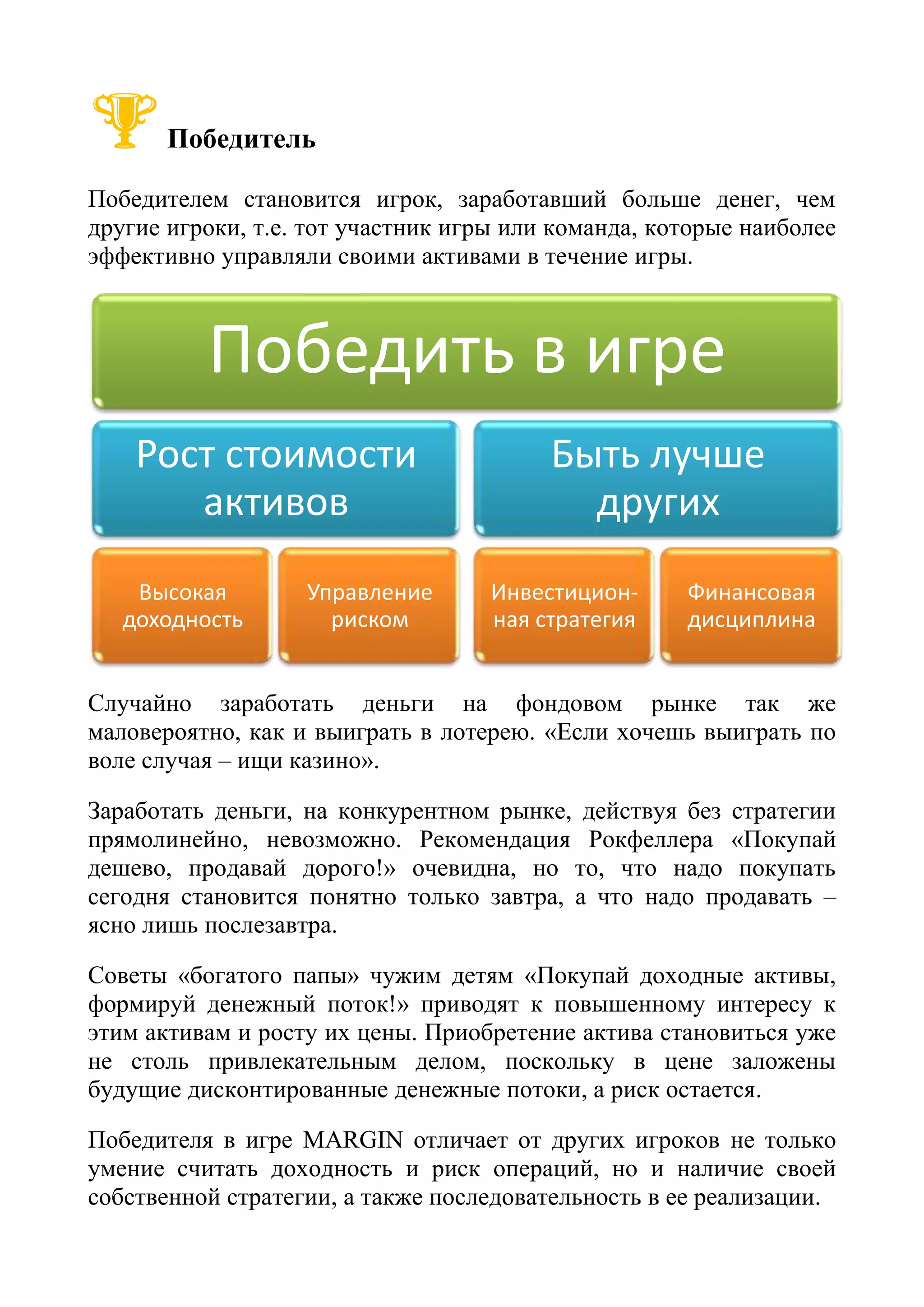 Победитель
Победителем становится игрок, заработавший больше денег, чем
другие игроки, т.е. тот участник игры или команда, которые наиболее
эффективно управляли своими активами в течение игры.
Случайно заработать деньги на фондовом рынке так же
маловероятно, как и выиграть в лотерею. «Если хочешь выиграть по
воле случая – ищи казино».
Заработать деньги, на конкурентном рынке, действуя без стратегии
прямолинейно, невозможно. Рекомендация Рокфеллера «Покупай
дешево, продавай дорого!» очевидна, но то, что надо покупать
сегодня становится понятно только завтра, а что надо продавать –
ясно лишь послезавтра.
Советы «богатого папы» чужим детям «Покупай доходные активы,
формируй денежный поток!» приводят к повышенному интересу к
этим активам и росту их цены. Приобретение актива становиться уже
не столь привлекательным делом, поскольку в цене заложены
будущие дисконтированные денежные потоки, а риск остается.
Победителя в игре MARGIN отличает от других игроков не только
умение считать доходность и риск операций, но и наличие своей
собственной стратегии, а также последовательность в ее реализации.
Победить в игре
Рост стоимости
активов
Высокая
доходность
Управление
риском
Быть лучше
других
Инвестицион-
ная стратегия
Финансовая
дисциплина
 