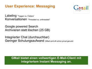 User Experience: Messaging

Labeling ”Taggen vs. Folders”
Konversationen ”Threaded vs. unthreaded”

Google powered Search
Archivieren statt löschen (25 GB)

Integrierter Chat (durchsuchbar)
Geringer Schulungsaufwand GMail wird oft schon privat genutzt




     GMail bietet einen vollwertigen E-Mail-Client mit
           integriertem Instant Messaging an.
 