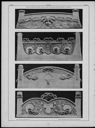 Мотивы скульптурнаго украшенія аттиковъ. Зданіе театра имени композитора Sm etana въ Leitomischl.
Apx. Sula, Suie & Völfig (Пильзенъ). Скульпт. Joseph Mayer, Antonin Popp, Antonin Riedl (Прага).
 