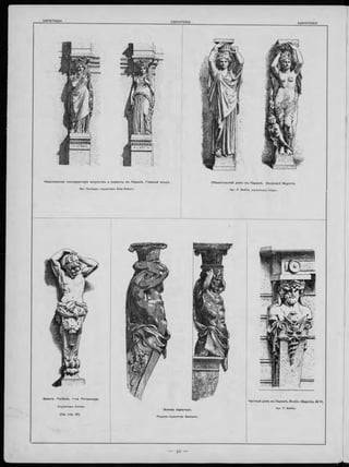 КАРІАТИДЫ . CARYATIDES. KARYATIDEN.
Н аціональная консерваторія и с кусств ъ и ремеслъ въ П ариж ѣ. Плавный входъ.
Арх. Vaudoyer, скульпторъ Elias Robert.
О бы вательскій дом ъ въ П ариж ѣ, B oulevard M agenta.
Арх P. Sedille, снульпторъ Chapu.
З ам окъ F erières, r -н а Ротш ильда.
Скульпторъ Cordier.
(См. стр. 31).
 