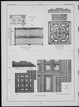 М оти въ дер евянн аго потолка.
Apx. Seidl. (Мюнхенъ).
Поперечны й р а зр ѣ зъ
по
балнамъ.
М ю нхенъ (G ew e rb eh alle).
Д еревянны й плаф онъ.
Apx. A. Pössenbacher.
Р а зр ѣ зъ . Д р Щ |£ --------j i ------------------------------------------------ Я С А Ж .
----- F------£-----’JMETRES.
О бщ ій
планъ.
П отол о къ сто л о в а го зала 2 - г о этаж а.
 