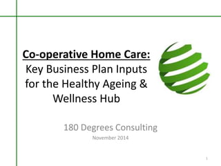 Co-operative Home Care:
Key Business Plan Inputs
for the Healthy Ageing &
Wellness Hub
180 Degrees Consulting
November 2014
1
 