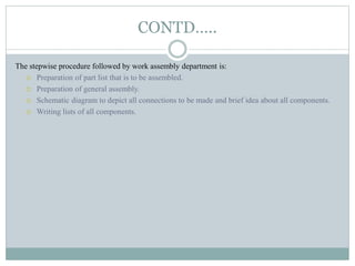 CONTD…..
The stepwise procedure followed by work assembly department is:
 Preparation of part list that is to be assembled.
 Preparation of general assembly.
 Schematic diagram to depict all connections to be made and brief idea about all components.
 Writing lists of all components.
 