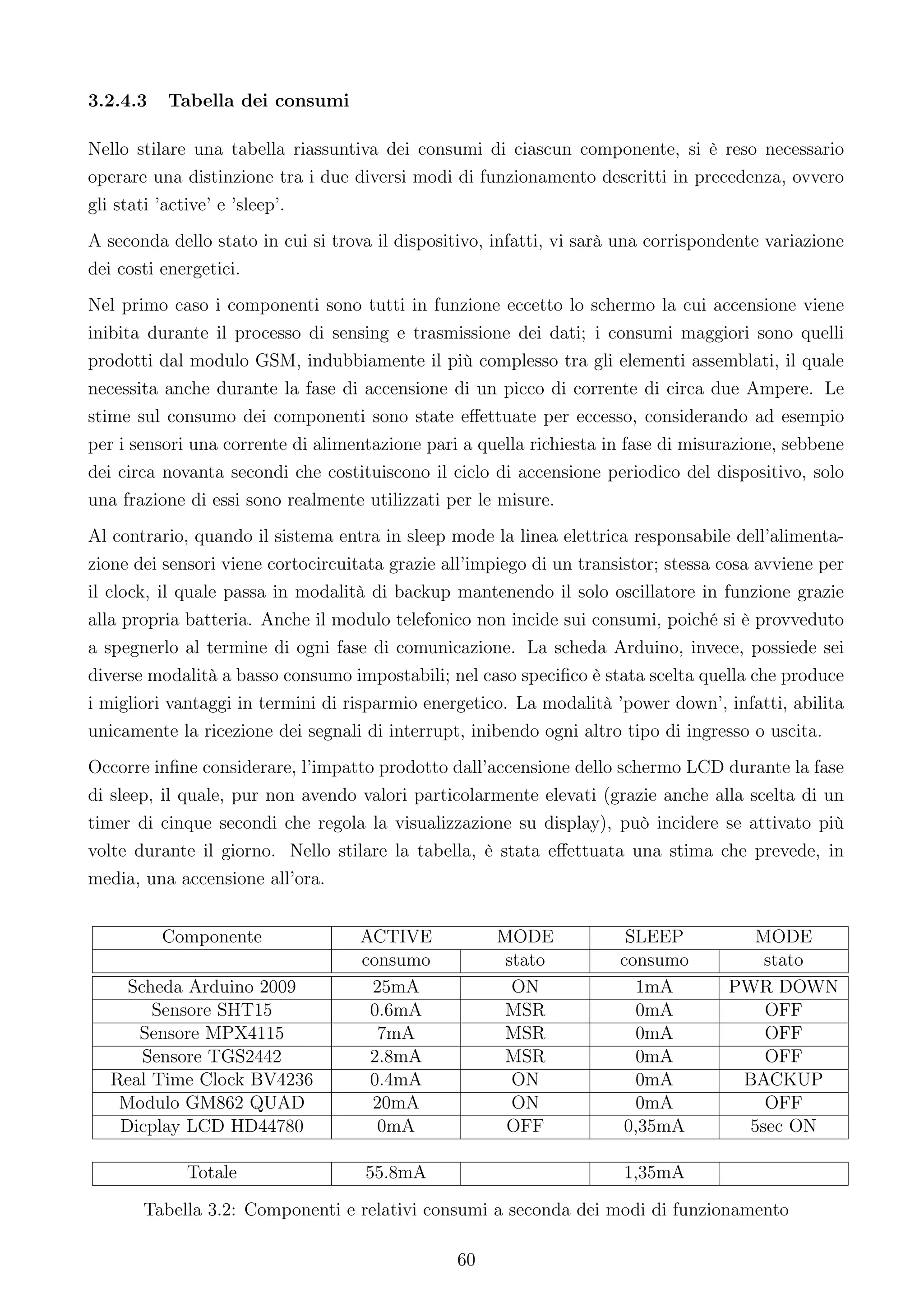 3.2.4.3   Tabella dei consumi

Nello stilare una tabella riassuntiva dei consumi di ciascun componente, si è reso necessario
operare una distinzione tra i due diversi modi di funzionamento descritti in precedenza, ovvero
gli stati ’active’ e ’sleep’.
A seconda dello stato in cui si trova il dispositivo, infatti, vi sarà una corrispondente variazione
dei costi energetici.
Nel primo caso i componenti sono tutti in funzione eccetto lo schermo la cui accensione viene
inibita durante il processo di sensing e trasmissione dei dati; i consumi maggiori sono quelli
prodotti dal modulo GSM, indubbiamente il più complesso tra gli elementi assemblati, il quale
necessita anche durante la fase di accensione di un picco di corrente di circa due Ampere. Le
stime sul consumo dei componenti sono state eﬀettuate per eccesso, considerando ad esempio
per i sensori una corrente di alimentazione pari a quella richiesta in fase di misurazione, sebbene
dei circa novanta secondi che costituiscono il ciclo di accensione periodico del dispositivo, solo
una frazione di essi sono realmente utilizzati per le misure.
Al contrario, quando il sistema entra in sleep mode la linea elettrica responsabile dell’alimenta-
zione dei sensori viene cortocircuitata grazie all’impiego di un transistor; stessa cosa avviene per
il clock, il quale passa in modalità di backup mantenendo il solo oscillatore in funzione grazie
alla propria batteria. Anche il modulo telefonico non incide sui consumi, poiché si è provveduto
a spegnerlo al termine di ogni fase di comunicazione. La scheda Arduino, invece, possiede sei
diverse modalità a basso consumo impostabili; nel caso speciﬁco è stata scelta quella che produce
i migliori vantaggi in termini di risparmio energetico. La modalità ’power down’, infatti, abilita
unicamente la ricezione dei segnali di interrupt, inibendo ogni altro tipo di ingresso o uscita.
Occorre inﬁne considerare, l’impatto prodotto dall’accensione dello schermo LCD durante la fase
di sleep, il quale, pur non avendo valori particolarmente elevati (grazie anche alla scelta di un
timer di cinque secondi che regola la visualizzazione su display), può incidere se attivato più
volte durante il giorno. Nello stilare la tabella, è stata eﬀettuata una stima che prevede, in
media, una accensione all’ora.


          Componente               ACTIVE             MODE             SLEEP           MODE
                                   consumo             stato          consumo           stato
    Scheda Arduino 2009             25mA                ON              1mA         PWR DOWN
       Sensore SHT15                0.6mA              MSR              0mA             OFF
     Sensore MPX4115                 7mA               MSR              0mA             OFF
      Sensore TGS2442               2.8mA              MSR              0mA             OFF
  Real Time Clock BV4236            0.4mA               ON              0mA          BACKUP
   Modulo GM862 QUAD                20mA                ON              0mA             OFF
   Dicplay LCD HD44780               0mA               OFF            0,35mA          5sec ON

             Totale                 55.8mA                            1,35mA

       Tabella 3.2: Componenti e relativi consumi a seconda dei modi di funzionamento

                                                60
 