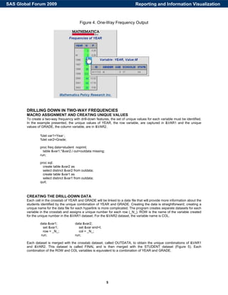 5
Figure 4. One-Way Frequency Output
DRILLING DOWN IN TWO-WAY FREQUENCIES
MACRO ASSIGNMENT AND CREATING UNIQUE VALUES
To create a two-way frequency with drill-down features, the set of unique values for each variable must be identified.
In the example presented, the unique values of YEAR, the row variable, are captured in &VAR1 and the unique
values of GRADE, the column variable, are in &VAR2.
%let var1=Year ;
%let var2=Grade;
proc freq data=student noprint;
table &var1.*&var2./ out=outdata missing;
run;
proc sql;
create table &var2 as
select distinct &var2 from outdata;
create table &var1 as
select distinct &var1 from outdata;
quit;
CREATING THE DRILL-DOWN DATA
Each cell in the crosstab of YEAR and GRADE will be linked to a data file that will provide more information about the
students identified by the unique combination of YEAR and GRADE. Creating the data is straightforward; creating a
unique name for the data file for each hyperlink is more complicated. The program creates separate datasets for each
variable in the crosstab and assigns a unique number for each row (_N_). ROW is the name of the variable created
for the unique number in the &VAR1 dataset. For the &VAR2 dataset, the variable name is COL.
data &var1; data &var2;
set &var1; set &var end=l;
row = _N_; col = _N_;
run; run;
Each dataset is merged with the crosstab dataset, called OUTDATA, to obtain the unique combinations of &VAR1
and &VAR2. This dataset is called FINAL and is then merged with the STUDENT dataset (Figure 5). Each
combination of the ROW and COL variables is equivalent to a combination of YEAR and GRADE.
Reporting and Information VisualizationSAS Global Forum 2009
 