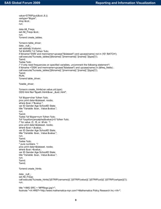 9
value=STRIP(put(&col.,8.));
vartype="&type";
drop &col.;
run;
data All_Freqs;
set All_Freqs &col.;
run;
%mend create_tables;
%macro table_driver;
data _null_;
set sashelp.Vcolumn;
%if &VARS.^=2 %then %do;
if libname='DSN' and memname=upcase("&dataset") and upcase(name) not in ('ID','BATCH');
call execute('%create_tables('||libname||','||memname||','||name||','||type||')');
%end;
%else %do;
/* if only need frequencies on specified variables, uncomment the following statement*/
if libname ='DSN' and memname=upcase("&dataset") and upcase(name) in (&freq_fields) ;
call execute('%create_tables('||libname||','||memname||','||name||','||type||')');
%end;
RUN;
%mend table_driver;
%table_driver;
%macro create_htmls(var,value,uid,type);
ODS html file="&path.html&var._&uid..html";
%if &type=char %then %do;
proc print data=&dataset. noobs;
where &var.="&value.";
var ID Gender Age SchoolID State;
title "Variable: &var., Value:&value.";
run;
%end;
%else %if &type=num %then %do;
%if %sysfunc(anyalpha(&value))>0 %then %do;
/* for value .D, .R, or .M etc */
proc print data=&dataset. noobs;
where &var.=.&value.;
var ID Gender Age SchoolID State;
tilte "Variable: &var., Value:&value.";
run;
%end;
%else %do;
* pure numbers */
proc print data=&dataset. noobs;
where &var.=&value.;
var ID Gender Age SchoolID State;
title "Variable: &var., Value:&value.";
run;
%end;
%end;
%mend create_htmls;
data _null_;
set All_Freqs;
call execute('%create_htmls('||STRIP(varname)||','||STRIP(value)||','||STRIP(uid)||','||STRIP(vartype)||')');
run;
title "<IMG SRC = 'MPRlogo.jpg'>";
footnote "<A HREF='http://www.mathematica-mpr.com/'>Mathematica Policy Research Inc.</A>";
Reporting and Information VisualizationSAS Global Forum 2009
 
