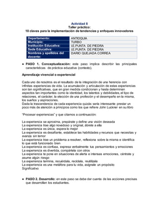 Actividad 8
Taller práctico:
10 claves para la implementación de tendencias y enfoques innovadores
Departamento: ANTIOQUIA
Municipio: TURBO
Institución Educativa: I.E.PUNTA DE PIEDRA
Sede Educativa: I.E.PUNTA DE PIEDRA
Nombres y apellidos del
docente:
DARIO QUEJADA CORREA
● PASO 1. Conceptualización: este paso implica describir las principales
características de práctica educativa (contexto).
Aprendizaje vivencial o experiencial
Cada uno de nosotros es el resultado de la integración de una herencia con
infinitas experiencias de vida. La acumulación y articulación de estas experiencias
son tan significativas, que en gran medida condicionan y hasta determinan
aspectos tan importantes como la identidad, los talentos y debilidades, el tipo de
relaciones, el carácter, la elección de una profesión y el desempeño en la misma,
los sueños y aspiraciones.
Dada la trascendencia de cada experiencia quizás sería interesante prestar un
poco más de atención a principios como los que refiere John Luckner en su libro
“Procesar experiencias” y que citamos a continuación:
La experiencia se aproxima, prepárate y define una visión deseada
La experiencia trae algo novedoso y original, ábrete a ella
La experiencia es única, espera lo mejor
La experiencia es desafiante, establece las habilidades y recursos que necesitas y
avanza sin temor
La experiencia trae un problema a resolver, reflexiona sobre la misma e identifica
lo que está funcionado bien
La experiencia es confusa, expresa verbalmente tus pensamientos y emociones
La experiencia es divertida, compártela con otros
La experiencia te pone en situaciones de alerta e intensas emociones, céntrate y
asume algún riesgo
La experiencia termina, recuérdala, recíclala, reutilízala
La experiencia es una metáfora para tu vida, asígnale un propósito
Significativo
● PASO 2. Desarrollo: en este paso se debe dar cuenta de las acciones precisas
que desarrollan los estudiantes.
 