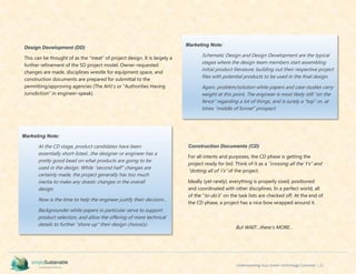Understanding Your Green Technology Customer | 21
But WAIT…there’s MORE…
Design Development (DD)
This can be thought of as the “meat” of project design. It is largely a
further refinement of the SD project model. Owner-requested
changes are made, disciplines wrestle for equipment space, and
construction documents are prepared for submittal to the
permitting/approving agencies (The AHJ’s or “Authorities Having
Jurisdiction” in engineer-speak).
Construction Documents (CD)
For all intents and purposes, the CD phase is getting the
project ready for bid. Think of it as a “crossing all the ‘t’s” and
“dotting all of ‘i’s” of the project.
Ideally (yet rarely), everything is properly sized, positioned
and coordinated with other disciplines. In a perfect world, all
of the “to-do’s” on the task lists are checked off. At the end of
the CD phase, a project has a nice bow wrapped around it.
Marketing Note:
At the CD stage, product candidates have been
essentially short-listed…the designer or engineer has a
pretty good bead on what products are going to be
used in the design. While “second half” changes are
certainly made, the project generally has too much
inertia to make any drastic changes in the overall
design.
Now is the time to help the engineer justify their decision…
Backgrounder white papers in particular serve to support
product selection, and allow the offering of more technical
details to further “shore up” their design choice(s).
Marketing Note:
Schematic Design and Design Development are the typical
stages where the design team members start assembling
initial product literature; building out their respective project
files with potential products to be used in the final design.
Again, problem/solution white papers and case studies carry
weight at this point. The engineer is most likely still “on the
fence” regarding a lot of things, and is surely a “top” or, at
times “middle of funnel” prospect.
 
