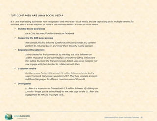 Understanding Your Green Technology Customer | 45
Top Companies Are Using Social Media
It is clear that leading businesses have recognized--and embraced--social media, and are capitalizing on its multiple benefits. To
illustrate, here is a brief snapshot of some of the business leaders' activities in social media:
 Building brand awareness
Coca-Cola has over 87 million friends on Facebook
 Supporting the B2B sales process
With almost 300,000 followers, Salesforce.com uses LinkedIn as a content
platform to influence buyers and move them toward a buying decision.
 Engaging with customers
Airbnb created its first commercial by reaching out to its followers on
Twitter. Thousands of fans submitted six-second Vine videos, which were
then edited to create the final commercial. Airbnb used social media to not
only engage with their fans, but to collaborate with them.
 Customer service
Blackberry uses Twitter. With almost 1.5 million followers, they've built a
support network that answers questions 24/7. They have separate accounts
in different languages for different countries around the world.
 Driving sales
L.L. Bean is a superstar on Pinterest with 5.5 million followers. By clicking on
a product image, you're taken directly to the sales page on the L.L. Bean site.
Engagement to the sale in a single click...
 