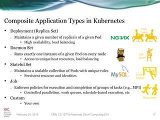 Composite Application Types in Kubernetes
• Deployment (Replica Set)
o Maintains a given number of replica’s of a given Pod
• High availability, load balancing
• Daemon Set
o Runs exactly one instance of a given Pod on every node
• Access to unique host resources, load balancing
• Stateful Set
o Maintains a scalable collection of Pods with unique roles
• Persistent resource and identities
• Job
o Enforces policies for execution and completion of groups of tasks (e.g., MPI)
• Controlled parallelism, work queues, schedule-based execution, etc
• Custom
• Your own
17
Polo
team
Life
guard
Goal
keeper
Relay team
CMU CS 15719 Advanced Cloud Computing S19February 25, 2019
 