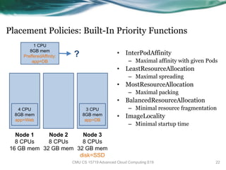 Placement Policies: Built-In Priority Functions
• InterPodAffinity
– Maximal affinity with given Pods
• LeastResourceAllocation
– Maximal spreading
• MostResourceAllocation
– Maximal packing
• BalancedResourceAllocation
– Minimal resource fragmentation
• ImageLocality
– Minimal startup time
22CMU CS 15719 Advanced Cloud Computing S19
Node 1
8 CPUs
16 GB mem
Node 2
8 CPUs
32 GB mem
Node 3
8 CPUs
32 GB mem
disk=SSD
4 CPU
8GB mem
app=Web
3 CPU
8GB mem
app=DB
1 CPU
8GB mem
PrefferedAffinity:
app=DB
?
 