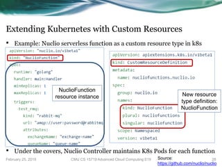 Extending Kubernetes with Custom Resources
• Example: Nuclio serverless function as a custom resource type in k8s
• Under the covers, Nuclio Controller maintains K8s Pods for each function
February 25, 2019 28Source:
https://github.com/nuclio/nuclio
NuclioFunction
resource instance
CMU CS 15719 Advanced Cloud Computing S19
New resource
type definition:
NuclioFunction
 