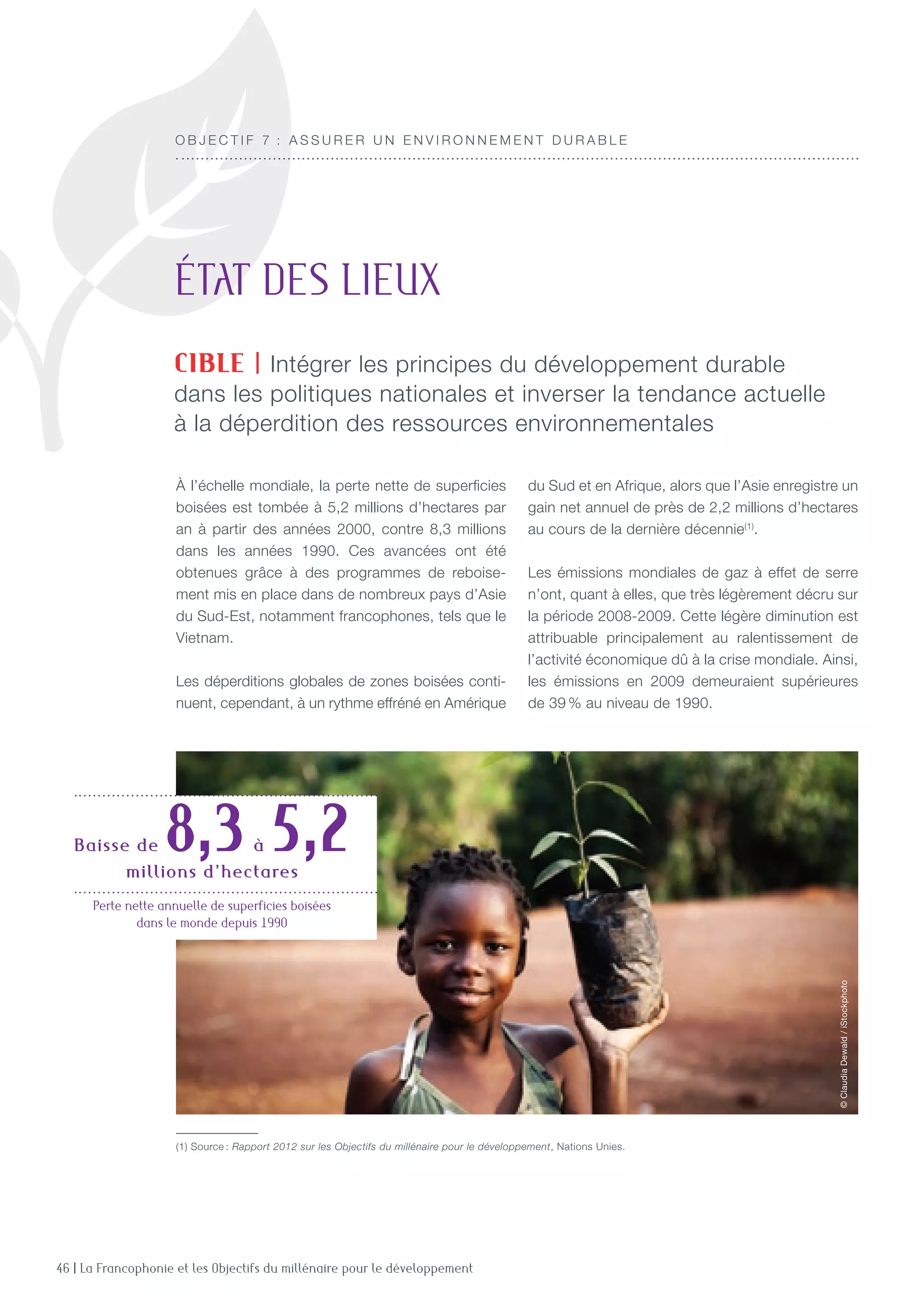 46 | La Francophonie et les Objectifs du millénaire pour le développement
À l’échelle mondiale, la perte nette de superficies
boisées est tombée à 5,2 millions d’hectares par
an à partir des années 2000, contre 8,3 millions
dans les années 1990. Ces avancées ont été
obtenues grâce à des programmes de reboise-
ment mis en place dans de nombreux pays d’Asie
du Sud-Est, notamment francophones, tels que le
Vietnam.
Les déperditions globales de zones boisées conti-
nuent, cependant, à un rythme effréné en Amérique
du Sud et en Afrique, alors que l’Asie enregistre un
gain net annuel de près de 2,2 millions d’hectares
au cours de la dernière décennie(1)
.
Les émissions mondiales de gaz à effet de serre
n’ont, quant à elles, que très légèrement décru sur
la période 2008-2009. Cette légère diminution est
attribuable principalement au ralentissement de
l’activité économique dû à la crise mondiale. Ainsi,
les émissions en 2009 demeuraient supérieures
de 39 % au niveau de 1990.
état des lieux
CIBLE | Intégrer les principes du développement durable
dans les politiques nationales et inverser la tendance actuelle
à la déperdition des ressources environnementales
(1) Source : Rapport 2012 sur les Objectifs du millénaire pour le développement, Nations Unies.
O B J E C T I F 7  : A ssurer u n e n viro n n eme n t durable
Baisse de 8,3à 5,2millions d’hectares
Perte nette annuelle de superficies boisées
dans le monde depuis 1990
©ClaudiaDewald/iStockphoto
 