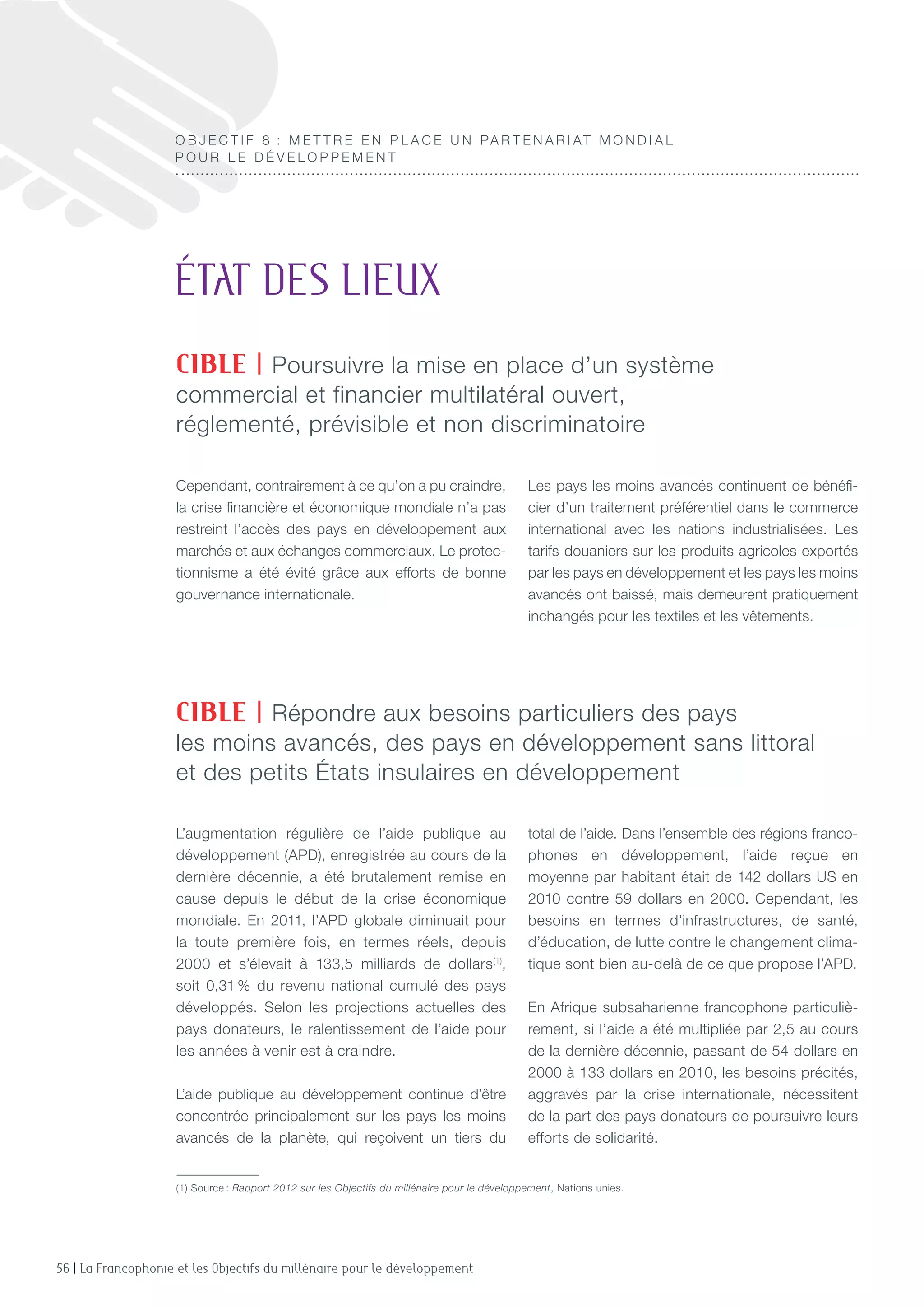 56 | La Francophonie et les Objectifs du millénaire pour le développement
L’augmentation régulière de l’aide publique au
développement (APD), enregistrée au cours de la
dernière décennie, a été brutalement remise en
cause depuis le début de la crise économique
mondiale. En 2011, l’APD globale diminuait pour
la toute première fois, en termes réels, depuis
2000 et s’élevait à 133,5 milliards de dollars(1)
,
soit 0,31 % du revenu national cumulé des pays
développés. Selon les projections actuelles des
pays donateurs, le ralentissement de l’aide pour
les années à venir est à craindre.
L’aide publique au développement continue d’être
concentrée principalement sur les pays les moins
avancés de la planète, qui reçoivent un tiers du
total de l’aide. Dans l’ensemble des régions franco-
phones en développement, l’aide reçue en
moyenne par habitant était de 142 dollars US en
2010 contre 59 dollars en 2000. Cependant, les
besoins en termes d’infrastructures, de santé,
d’éducation, de lutte contre le changement clima-
tique sont bien au-delà de ce que propose l’APD.
En Afrique subsaharienne francophone particuliè-
rement, si l’aide a été multipliée par 2,5 au cours
de la dernière décennie, passant de 54 dollars en
2000 à 133 dollars en 2010, les besoins précités,
aggravés par la crise internationale, nécessitent
de la part des pays donateurs de poursuivre leurs
efforts de solidarité.
Cependant, contrairement à ce qu’on a pu craindre,
la crise financière et économique mondiale n’a pas
restreint l’accès des pays en développement aux
marchés et aux échanges commerciaux. Le protec-
tionnisme a été évité grâce aux efforts de bonne
gouvernance internationale.
Les pays les moins avancés continuent de bénéfi-
cier d’un traitement préférentiel dans le commerce
international avec les nations industrialisées. Les
tarifs douaniers sur les produits agricoles exportés
par les pays en développement et les pays les moins
avancés ont baissé, mais demeurent pratiquement
inchangés pour les textiles et les vêtements.
état des lieux
CIBLE | Répondre aux besoins particuliers des pays
les moins avancés, des pays en développement sans littoral
et des petits États insulaires en développement
CIBLE | Poursuivre la mise en place d’un système
commercial et financier multilatéral ouvert,
réglementé, prévisible et non discriminatoire
O B J E C T I F 8  : M e t t re e n place u n par t e n ariat mo n dial
pour le d é veloppeme n t
(1) Source : Rapport 2012 sur les Objectifs du millénaire pour le développement, Nations unies.
 