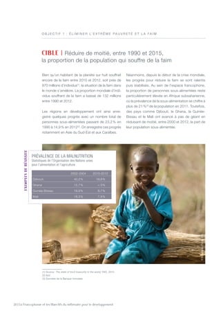 10 | La Francophonie et les Objectifs du millénaire pour le développement
Bien qu’un habitant de la planète sur huit souffrait
encore de la faim entre 2010 et 2012, soit près de
870 millions d’individus(1)
, la situation de la faim dans
le monde s’améliore. La proportion mondiale d’indi-
vidus souffrant de la faim a baissé de 132 millions
entre 1990 et 2012.
Les régions en développement ont ainsi enre-
gistré quelques progrès avec un nombre total de
personnes sous-alimentées passant de 23,2 % en
1990 à 14,9 % en 2012(2)
. On enregistre ces progrès
notamment en Asie du Sud-Est et aux Caraïbes.
Néanmoins, depuis le début de la crise mondiale,
les progrès pour réduire la faim se sont ralentis
puis stabilisés. Au sein de l’espace francophone,
la proportion de personnes sous-alimentées reste
particulièrement élevée en Afrique subsaharienne,
où la prévalence de la sous-alimentation se chiffre à
plus de 21 %(3)
de la population en 2011. Toutefois,
des pays comme Djibouti, le Ghana, la Guinée-
Bissau et le Mali ont avancé à pas de géant en
réduisant de moitié, entre 2000 et 2012, la part de
leur population sous-alimentée.
CIBLE | Réduire de moitié, entre 1990 et 2015,
la proportion de la population qui souffre de la faim
Prévalence de la malnutrition
Statistiques de l’Organisation des Nations unies
pour l’alimentation et l’agriculture
2002-2004 2010-2012
Djibouti 40,2 
% 19,8 
%
Ghana 12,7 
%  5 
%
Guinée-Bissau 19,9 
% 8,7 
%
Mali 18,3 
% 7,9 
%
EXEMPLESDERÉUSSITE
O B J E C T I F 1  : é limi n er l’ e x t r ê me pauvre t é e t la faim
(1) Source : The state of food insecurity in the world, FAO, 2012.
(2) Ibid.
(3) Données de la Banque mondiale.
©EricIsselée/Fotolia.com
 