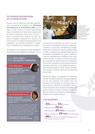 15
DEUX JEUNES
VOlONTaIRES TémOIgNENT
Mission de volontariat
en tant qu’assistante de projets
de développement rural
(Burkina Faso)
« Cela a été pour moi une période d’échange
avec des hommes, des femmes et des enfants
si différents souvent, et pourtant si proches
dans leur humanité, le début d’une nouvelle
aventure sur le plan professionnel… »
occupe aujourd’hui le poste de spécialiste
en renforcement des capacités locales
pour la formation professionnelle et technique
dans le secteur du tourisme à fort potentiel.
Mission de volontariat
en tant qu’attachée de coopération
pour le commerce et développement
durable (Gabon)
« Pendant un an j’ai pu m’intégrer au contexte et
à la culture locale. J’ai appris à voir des choses
sous plusieurs angles et à analyser prudemment
des circonstances car la diversité culturelle peut
affecter des pratiques professionnelles et sociales.
Il faut toujours garder la volonté de travailler,
d’apprendre, de partager et de collaborer. »
occupe aujourd’hui le poste de
consultante pour la banque mondiale.
Le VIf en cHIffreS
• 45% de femmes, 55% d’hommes
• Moyenne d’âge: 28AnS
• Ressortissants de 29 PAYS de la Francophonie
• Missions réparties dans 28 PAYS de la Francophonie
• 80% d’entre eux sont originaires des pays du Sud
et de l’europe centrale et orientale
VOLONTARIAT INTERNATIONAL
DE LA FRANCOpHONIE
toujours avec le même souci de cibler prioritaire-
ment la jeunesse, le programme de Volontariat
international de la Francophonie (ViF), mis en
place en 2007, permet aux jeunes francophones
d’agir concrètement en mettant leurs compétences
au service d’organismes situés dans l’un des 57
états et gouvernements membres de l’OIF. Ces
jeunes s’engagent à apporter leur concours à la
mise en œuvre de projets de développement et de
coopération, qui touchent notamment à l’éduca-
tion, au numérique et au développement durable.
Ce programme de volontariat s’inscrit doublement
dans le cadre de la réalisation de l’Objectif 1, en ce
qu’il permet aux volontaires de mener, d’une part,
une mission de développement dans un pays fran-
cophone et, d’autre part, d’améliorer leurs compé-
tences pour favoriser leur insertion professionnelle.
En effet, ce programme professionnalisant permet
d’accroître l’employabilité des jeunes volontaires.
Il leur est particulièrement bénéfique à leur retour
comme tremplin à l’emploi, première préoccupa-
tion d’une grande majorité de jeunes francophones.
Ces derniers acquièrent une plus grande confiance
dans leurs capacités, ce qui élargit leurs perspec-
tives d’emploi qualifié et stable, facteur d’intégra-
tion sociale et d’insertion dans la vie économique
de leur pays.
Depuis ses débuts, le programme de volontariat
de l’OIF a bénéficié à près de 150 jeunes déployés
sur les cinq continents. Ces jeunes vivent une
expérience enrichissante et formatrice dans un
environnement culturel et social différent du leur.
Outre l’acquisition de compétences nouvelles, ces
jeunes s’ouvrent à d’autres cultures et tissent des
liens de confiance et de réciprocité grâce à l’origi-
nalité de cette mobilité Sud-Sud.
Clément Duhaime,
Administrateur
de l’OIF, et les cinquante
et un jeunes volontaires
de la promotion 2012
du programme de
Volontariat international
de la Francophonie
à Paris,
le 25 octobre 2012.
©patrickLazic/OIF
ATTIBA TANIA (bénin)
CHU THI QUYNH MAY (Vietnam)
©photos:patrickLazic/OIF
 