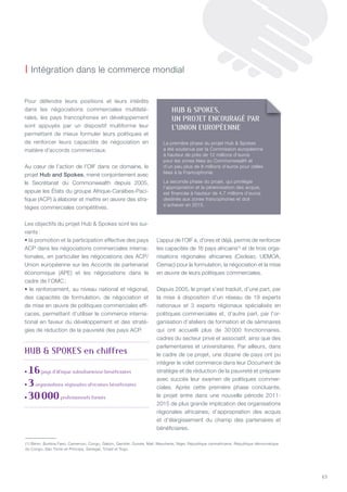 63
| Intégration dans le commerce mondial
Pour défendre leurs positions et leurs intérêts
dans les négociations commerciales multilaté-
rales, les pays francophones en développement
sont appuyés par un dispositif multiforme leur
permettant de mieux formuler leurs politiques et
de renforcer leurs capacités de négociation en
matière d’accords commerciaux.
Au cœur de l’action de l’OIF dans ce domaine, le
projet Hub and Spokes, mené conjointement avec
le Secrétariat du Commonwealth depuis 2005,
appuie les états du groupe Afrique-Caraïbes-Paci-
fique (ACP) à élaborer et mettre en œuvre des stra-
tégies commerciales compétitives.
Les objectifs du projet Hub  Spokes sont les sui-
vants :
• la promotion et la participation effective des pays
ACP dans les négociations commerciales interna-
tionales, en particulier les négociations des ACP/
Union européenne sur les Accords de partenariat
économique (APE) et les négociations dans le
cadre de l’OMC ;
• le renforcement, au niveau national et régional,
des capacités de formulation, de négociation et
de mise en œuvre de politiques commerciales effi-
caces, permettant d’utiliser le commerce interna-
tional en faveur du développement et des straté-
gies de réduction de la pauvreté des pays ACP.
L’appui de l’OIF a, d’ores et déjà, permis de renforcer
les capacités de 16 pays africains(1)
et de trois orga-
nisations régionales africaines (Cedeao, UEMOA,
Cemac) pour la formulation, la négociation et la mise
en œuvre de leurs politiques commerciales.
Depuis 2005, le projet s’est traduit, d’une part, par
la mise à disposition d’un réseau de 19 experts
nationaux et 3 experts régionaux spécialisés en
politiques commerciales et, d’autre part, par l’or-
ganisation d’ateliers de formation et de séminaires
qui ont accueilli plus de 30 000 fonctionnaires,
cadres du secteur privé et associatif, ainsi que des
parlementaires et universitaires. Par ailleurs, dans
le cadre de ce projet, une dizaine de pays ont pu
intégrer le volet commerce dans leur Document de
stratégie et de réduction de la pauvreté et préparer
avec succès leur examen de politiques commer-
ciales. Après cette première phase concluante,
le projet entre dans une nouvelle période 2011-
2015 de plus grande implication des organisations
régionales africaines, d’appropriation des acquis
et d’élargissement du champ des partenaires et
bénéficiaires.
• 16pays d’afrique subsaharienne bénéficiaires
• 3organisations régionales africaines bénéficiaires
• 30000professionnels formés
hUB  SpOKES en chiffres
(1) Bénin, Burkina Faso, Cameroun, Congo, Gabon, Gambie, Guinée, Mali, Mauritanie, niger, République centrafricaine, République démocratique
du Congo, São tomé-et-Príncipe, Sénégal, tchad et togo.
hUB  SpOKES,
UN pROJET ENCOURagé paR
l’UNION EUROpéENNE
La première phase du projet Hub  Spokes
a été soutenue par la Commission européenne
à hauteur de près de 12 millions d’euros
pour les zones liées au Commonwealth et
d’un peu plus de 8 millions d’euros pour celles
liées à la Francophonie.
La seconde phase du projet, qui privilégie
l’appropriation et la pérennisation des acquis,
est financée à hauteur de 4,7 millions d’euros
destinés aux zones francophones et doit
s’achever en 2015.
 