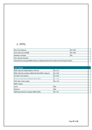 Page 27 of 32
6. MTNL
One Time Payment Rs 1499
Free Talk time and SMS Rs 1499
Activation Charges NIL
Free Garuda Handset
Free talk time including SMS will have a validity period of Six months and incoming for 2 years.
Call Charges
MTNL Mumbai CDMA (Mobile, FW) N/w Rs.0.10
MTNL Mumbai Landline,GSM & All Delhi MTNL Network Rs.0.50
On Other local network Rs.0.60
STD to all networka in Maharashtra & GOA Rs.1.00
STD calls to other states Rs.1.30
SMS charges :
Local 40p
National 80p
SMS Based Service Charges (8888,3600) Re 1.00
 