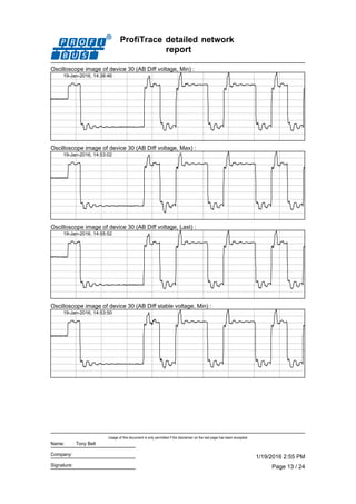 ProfiTrace detailed network
report
Oscilloscope image of device 30 (AB Diff voltage, Min) :
19-Jan-2016, 14:38:46
Oscilloscope image of device 30 (AB Diff voltage, Max) :
19-Jan-2016, 14:53:02
Oscilloscope image of device 30 (AB Diff voltage, Last) :
19-Jan-2016, 14:55:52
Oscilloscope image of device 30 (AB Diff stable voltage, Min) :
19-Jan-2016, 14:53:50
Page 13 / 24
1/19/2016 2:55 PM
Usage of this document is only permitted if the disclaimer on the last page has been accepted.
Signature:
Company:
Name: Tony Bell
 