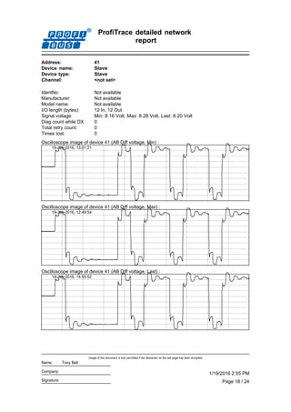 ProfiTrace detailed network
report
Address: 41
Device type: Slave
Channel: <not set>
Device name: Slave
IdentNo: Not available
Total retry count: 0
Diag count while DX: 0
I/O length (bytes): 12 In, 12 Out
Times lost: 0
Not availableManufacturer:
Model name: Not available
Signal voltage: Min: 8.16 Volt, Max: 8.28 Volt, Last: 8.20 Volt
Oscilloscope image of device 41 (AB Diff voltage, Min) :
19-Jan-2016, 13:01:21
Oscilloscope image of device 41 (AB Diff voltage, Max) :
19-Jan-2016, 12:49:54
Oscilloscope image of device 41 (AB Diff voltage, Last) :
19-Jan-2016, 14:55:52
Page 18 / 24
1/19/2016 2:55 PM
Usage of this document is only permitted if the disclaimer on the last page has been accepted.
Signature:
Company:
Name: Tony Bell
 