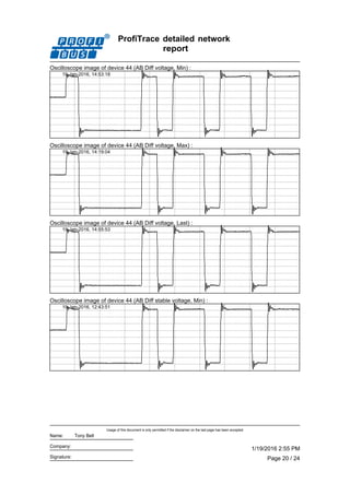 ProfiTrace detailed network
report
Oscilloscope image of device 44 (AB Diff voltage, Min) :
19-Jan-2016, 14:53:18
Oscilloscope image of device 44 (AB Diff voltage, Max) :
19-Jan-2016, 14:19:04
Oscilloscope image of device 44 (AB Diff voltage, Last) :
19-Jan-2016, 14:55:53
Oscilloscope image of device 44 (AB Diff stable voltage, Min) :
19-Jan-2016, 12:43:51
Page 20 / 24
1/19/2016 2:55 PM
Usage of this document is only permitted if the disclaimer on the last page has been accepted.
Signature:
Company:
Name: Tony Bell
 