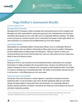 Copyright © 2011 Lominger International, a Korn/Ferry company. All Rights Reserved.
Korn/Ferry’s ProSpective Assessment is an online assessment tool created by Korn/Ferry International to assist LinkedIn users with their career
development. Leadership characteristics are based on research by Lominger International, a Korn/Ferry company.
ProSpective Assessment
Naga Sridhar's Assessment Results
Korn/Ferry Insights (Cont'd)
Managing Work Processes
Managing Work Processes is highly correlated with strong performance at the manager level.
Managers are often responsible for seeing the big picture and understanding how the pieces
interrelate. Most people are low in this skill, and it is moderately difficult to develop. The ability
to see a process as a dynamic system and to understand how tweaks create ripple effects is a
vital contribution to a business and will differentiate you from other leaders.
Caring About Others
Most people are moderately skilled in Caring About Others, and it is moderately difficult to
develop. Leaders who are skilled in Caring About Others also tend to be skilled in Managing
Diverse Relationships and Being Open and Receptive. Taking an interest in others and
showing kindness and concern demonstrate how much you value others and can impact your
ability to lead and influence others.
Keeping on Point
Keeping on Point is very important across all leadership levels, particularly at the manager
level where it is highly correlated with strong performance. However, the skill level for most
people in Keeping on Point is moderate when compared to other leadership skills. Fortunately,
it is easier to develop than most leadership skills. The ability to set priorities and stay focused
is not common—it will differentiate you from your peers.
Acting with Honor and Character
Acting with Honor and Character is ranked highest in importance compared to all other
leadership skills. It is the foundation upon which all other leadership skills are built. Most
people are highly skilled in Acting with Honor and Character. It is moderately difficult to
develop. Being trustworthy, consistent, and ethical are viewed by most employers as price-of-
admission leadership qualities.
Page 8 of 9
linkedin.kornferry.com
 