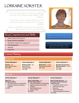 LORRAINE VORSTER
Key Competencies and Skills My personal and important values in life are
integrity, faith and respect for self and others
 Deliver results under pressure
 Strong Analytical capabilities
 Stakeholder relations and engagement In the next 5 years I will work towards my goal
of becoming a specialist in Talent
Management and/or Remuneration
 Time Management
 Reporting
 Organising
Career History
External:
Career Episode 1 Career Episode 2 Career Episode 3 Career Episode 4
Perskor: 9m
Data Capture Clerk –
Dec 1980
Bankorp Data – 9y
Data Capture
Clerk/Secretary
Oct 1981
Medi-Clinic – 5y 6m
Payroll Administrator
Sep 1990
Standard Corporate &
Merchant Bank – 4y 8m
Secretary
Jun 1996
Internal:
Career Episode 1 Career Episode 2 Career Episode 3
Sasol Oil – 3 y
HR Administrator
 HR administration and Reporting
 People Development Meeting
activities
Jul 2000
Sasol Technology – 5 y
Snr HR Administrator
 HR administration and Reporting
 Salary Increases & Incentive
Scheme
 Staff Establishment
 Talent Forums
Feb 2003
Sasol Group Services – 7 y
Principal HR Administrator:
Talent Forums
 Coordinate Talent Forums
 Talent Review Days
 Reporting
 Talent Information
 Talent Management Systems
April 2008
I have demonstrated competence and experience in HR admin,
data analytics and an in depth knowledge of HRIS, i.e. SAP,
eTMS, etc.
I enjoy working in a dynamic, exiting and high performance and
pressurised environment contributing towards a teams’ output
and KPA’s
My passion is PEOPLE - to contribute to the development of
skills and growth and to achieve outstanding results.
 