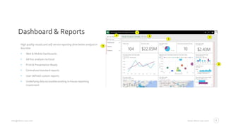 www.altius-usa.cominfo@altius-usa.com
Dashboard & Reports
High quality visuals and self-service reporting drive better analysis in
less time
• Web & Mobile Dashboards
• Ad hoc analysis via Excel
• Print & Presentation Ready
• Centralized standard reports
• User defined custom reports
• Underlying data accessible existing in-house reporting
investment
6
 